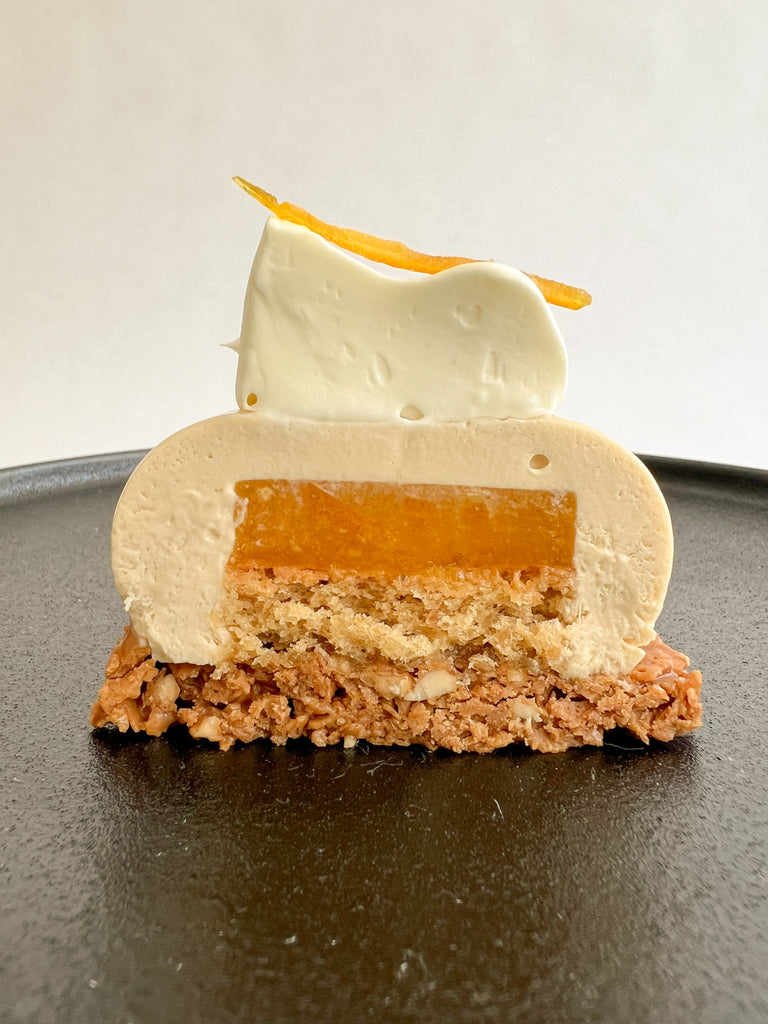 Passion, orange and hazelnut entremet