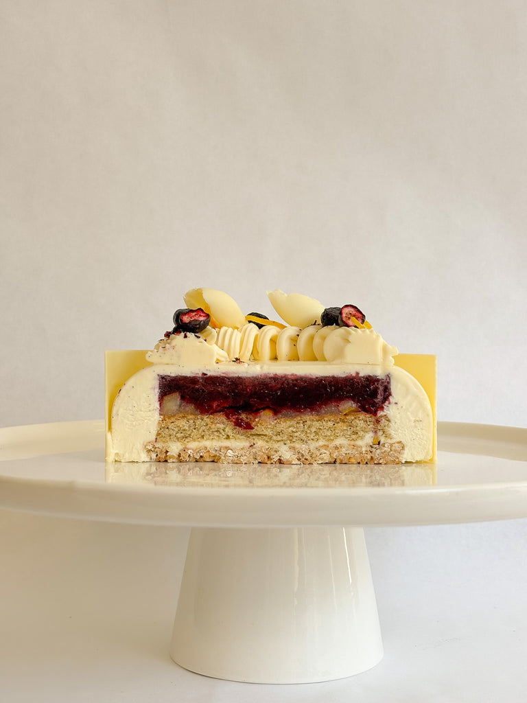 Blueberry, lemon and buckwheat entremet